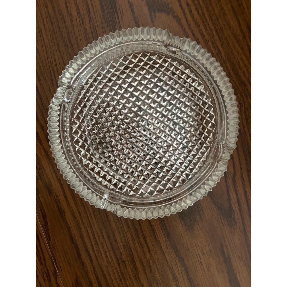 Vintage Round Glass Ashtray Hobnail Diamond Cut Clear 7 Inch Mid‎ Century Modern